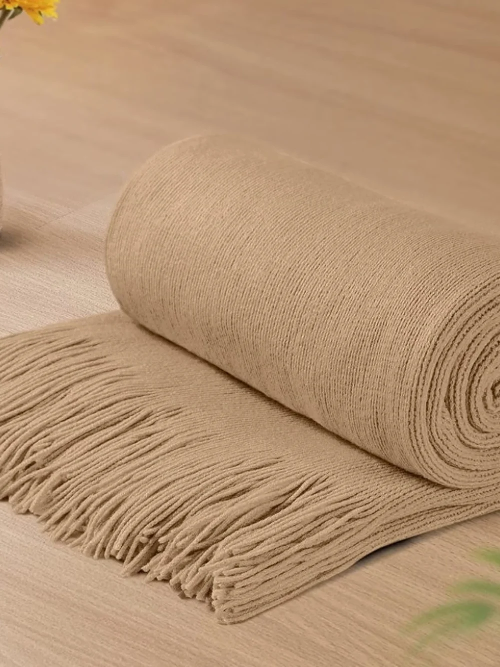 Cozy Fringe Throw Blanket in Tan — Neutral Soft Lightweight  Knit 50x60